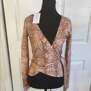 Lovers + Friends Brown Faux Snakeskin Wrap Blouse 100% Cotton Extra Small NWT